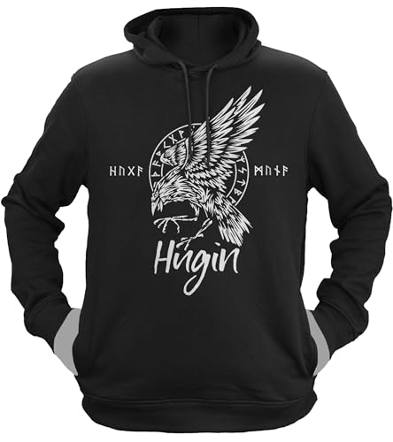 NØRTH Legendary Herren Hoodie mit Kapuze - Odin Rabe Hugin - nordische Wikinger Walhalla Geschenke für Männer, Valhalla Viking Herren Pullover, Farbe:Schwarz/Weiß, Größe:3XL von vanVerden