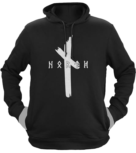 NØRTH Legendary Herren Hoodie mit Kapuze - Original North Runen Logo - nordische Wikinger Walhalla Geschenke für Männer, Valhalla Viking Herren Pullover, Farbe:Schwarz/Weiß, Größe:3XL von vanVerden