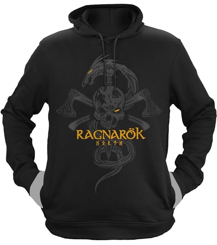 NØRTH Legendary Herren Hoodie mit Kapuze - Ragnarök Totenkopf - nordische Wikinger Walhalla Geschenke für Männer, Valhalla Viking Herren Pullover, Farbe:Schwarz/Gelb, Größe:M von vanVerden