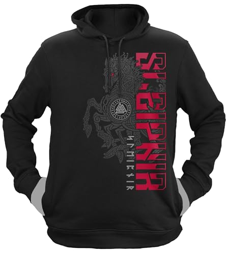 NØRTH Legendary Herren Hoodie mit Kapuze - Sleipnir Pferd 8 Beinen - nordische Wikinger Walhalla Geschenke für Männer, Valhalla Viking Herren Pullover, Farbe:Schwarz/Blutrot, Größe:3XL von vanVerden