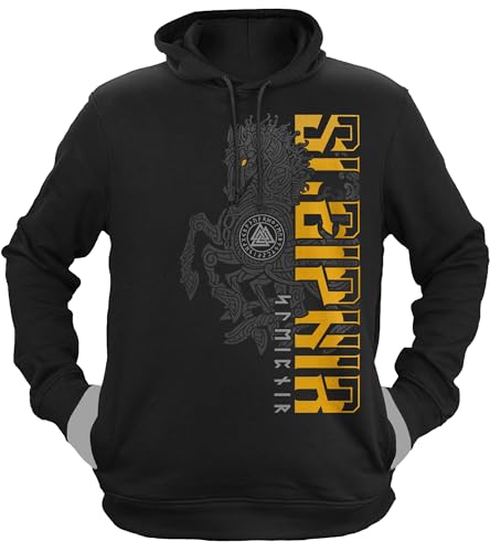 NØRTH Legendary Herren Hoodie mit Kapuze - Sleipnir Pferd 8 Beinen - nordische Wikinger Walhalla Geschenke für Männer, Valhalla Viking Herren Pullover, Farbe:Schwarz/Gelb, Größe:3XL von vanVerden