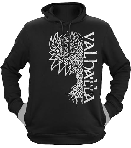 NØRTH Legendary Herren Hoodie mit Kapuze - Valhalla Odin Rabe Hugin Munin - nordische Wikinger Walhalla Geschenke für Männer, Valhalla Viking Herren Pullover, Farbe:Schwarz/Weiß, Größe:3XL von vanVerden