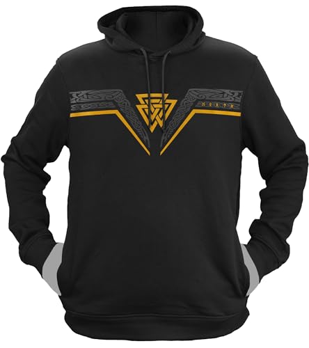 NØRTH Legendary Herren Hoodie mit Kapuze - Valknut Wotansknoten - nordische Wikinger Walhalla Geschenke für Männer, Valhalla Viking Herren Pullover, Farbe:Schwarz/Gelb, Größe:3XL von vanVerden