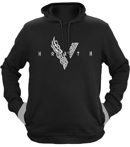 NØRTH Legendary Herren Hoodie mit Kapuze - Wikinger V - Viking Schrift - nordische Wikinger Walhalla Geschenke für Männer, Valhalla Viking Herren Pullover, Farbe:Schwarz/Weiß, Größe:3XL von vanVerden