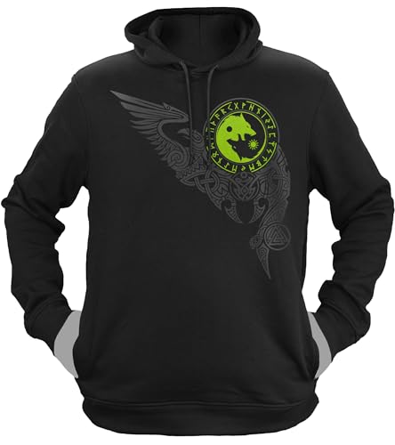 NØRTH Legendary Herren Hoodie mit Kapuze - Wölfe Skalli und Hatti - nordische Wikinger Walhalla Geschenke für Männer, Valhalla Viking Herren Pullover, Farbe:Schwarz/Grün, Größe:M von vanVerden