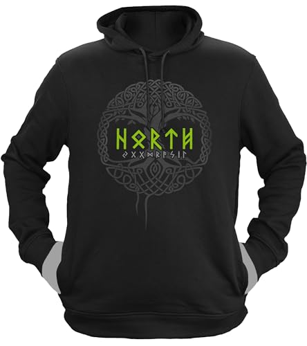 NØRTH Legendary Herren Hoodie mit Kapuze - Yggdrasil Lebensbaum - nordische Wikinger Walhalla Geschenke für Männer, Valhalla Viking Herren Pullover, Farbe:Schwarz/Grün, Größe:XL von vanVerden