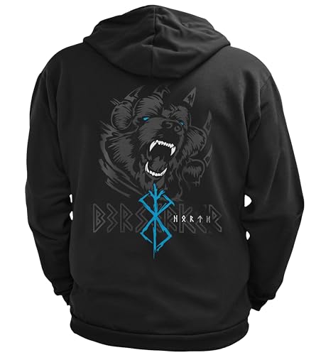 NØRTH Legendary Herren Sweatjacke mit Kapuze - Bär Björn Krieger Berserker Rücken Aufdruck - nordische Wikinger Walhalla Zipper, Valhalla Viking, Farbe:Schwarz/Blau, Größe:XXL von vanVerden