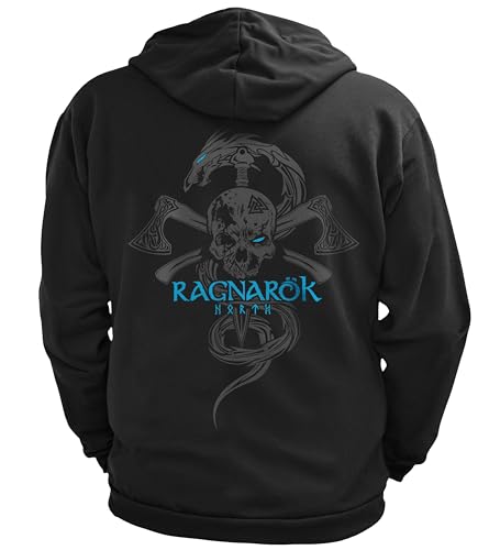 NØRTH Legendary Herren Sweatjacke mit Kapuze - Ragnarök Totenkopf Rücken Aufdruck - nordische Wikinger Walhalla Zipper, Valhalla Viking, Farbe:Schwarz/Blau, Größe:5XL von vanVerden