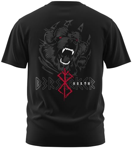 NØRTH Legendary Herren T-Shirt - Bär Björn Krieger Berserker Rücken Design, nordische Wikinger Walhalla Geschenke für Männer, Odin Thor Valhalla Viking Shirt, Farbe:Schwarz/Blutrot, Größe:L von vanVerden