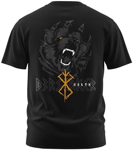 NØRTH Legendary Herren T-Shirt - Bär Björn Krieger Berserker Rücken Design, nordische Wikinger Walhalla Geschenke für Männer, Odin Thor Valhalla Viking Shirt, Farbe:Schwarz/Gelb, Größe:5XL von vanVerden