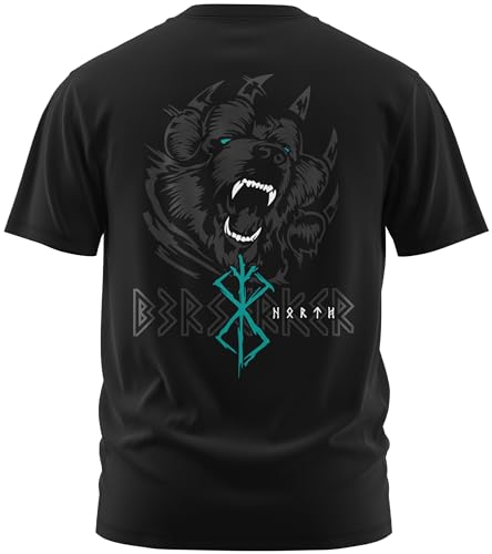 NØRTH Legendary Herren T-Shirt - Bär Björn Krieger Berserker Rücken Design, nordische Wikinger Walhalla Geschenke für Männer, Odin Thor Valhalla Viking Shirt, Farbe:Schwarz/Petrol, Größe:3XL von vanVerden