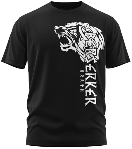 NØRTH Legendary Herren T-Shirt - Berserker Bär Krieger Brust Aufdruck, nordische Wikinger Walhalla Geschenke für Männer, Odin Thor Valhalla Viking Shirt, Farbe:Schwarz/Weiß, Größe:5XL von vanVerden