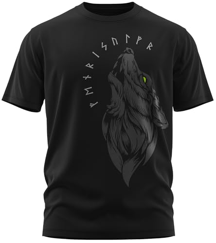 NØRTH Legendary Herren T-Shirt - Fenriswolf 1.0 Fenrir Wolf Brust Aufdruck, nordische Wikinger Walhalla Geschenke für Männer, Odin Thor Valhalla Viking Shirt, Farbe:Schwarz/Grün, Größe:4XL von vanVerden