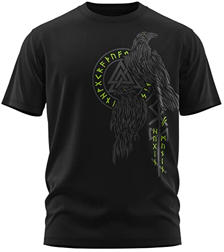 NØRTH Legendary Herren T-Shirt - Hugin und Munin Odin Raben Brust Aufdruck, nordische Wikinger Walhalla Geschenke für Männer, Odin Thor Valhalla Viking Shirt, Farbe:Schwarz/Grün, Größe:4XL von vanVerden