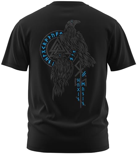 NØRTH Legendary Herren T-Shirt - Hugin und Munin Odin Raben Rücken Design, nordische Wikinger Walhalla Geschenke für Männer, Odin Thor Valhalla Viking Shirt, Farbe:Schwarz/Blau, Größe:3XL von vanVerden