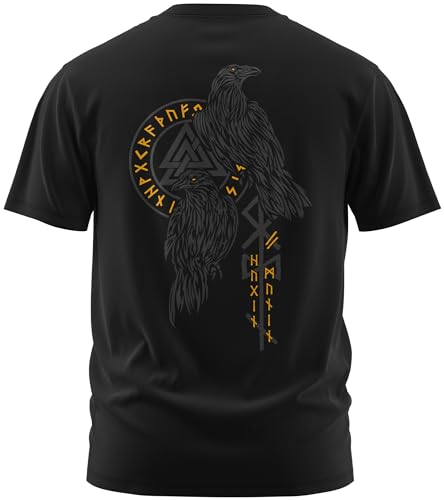 NØRTH Legendary Herren T-Shirt - Hugin und Munin Odin Raben Rücken Design, nordische Wikinger Walhalla Geschenke für Männer, Odin Thor Valhalla Viking Shirt, Farbe:Schwarz/Gelb, Größe:L von vanVerden