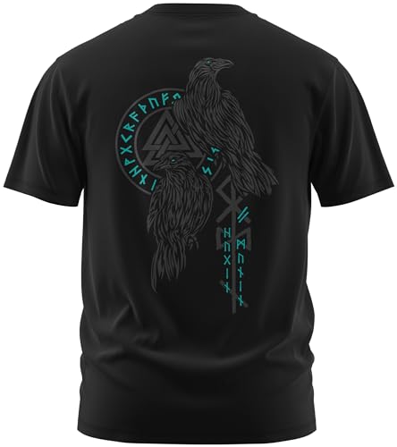 NØRTH Legendary Herren T-Shirt - Hugin und Munin Odin Raben Rücken Design, nordische Wikinger Walhalla Geschenke für Männer, Odin Thor Valhalla Viking Shirt, Farbe:Schwarz/Petrol, Größe:XXL von vanVerden