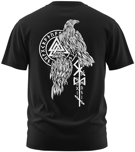 NØRTH Legendary Herren T-Shirt - Hugin und Munin Odin Raben Rücken Design, nordische Wikinger Walhalla Geschenke für Männer, Odin Thor Valhalla Viking Shirt, Farbe:Schwarz/Weiß, Größe:3XL von vanVerden