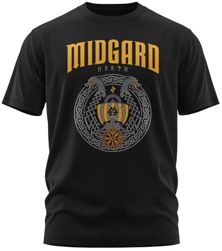 NØRTH Legendary Herren T-Shirt - Midgard - Floki Drachenboot Brust Aufdruck, nordische Wikinger Walhalla Geschenke für Männer, Odin Thor Valhalla Viking Shirt, Farbe:Schwarz/Gelb, Größe:4XL von vanVerden