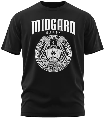 NØRTH Legendary Herren T-Shirt - Midgard - Floki Drachenboot Brust Aufdruck, nordische Wikinger Walhalla Geschenke für Männer, Odin Thor Valhalla Viking Shirt, Farbe:Schwarz/Weiß, Größe:XXL von vanVerden