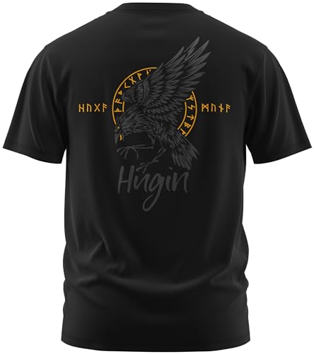 NØRTH Legendary Herren T-Shirt - Odin Rabe Hugin Rücken Design, nordische Wikinger Walhalla Geschenke für Männer, Odin Thor Valhalla Viking Shirt, Farbe:Schwarz/Gelb, Größe:XL von vanVerden