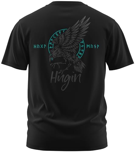 NØRTH Legendary Herren T-Shirt - Odin Rabe Hugin Rücken Design, nordische Wikinger Walhalla Geschenke für Männer, Odin Thor Valhalla Viking Shirt, Farbe:Schwarz/Petrol, Größe:M von vanVerden