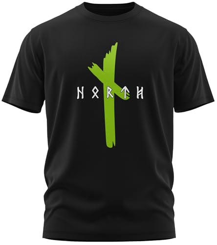 NØRTH Legendary Herren T-Shirt - Original North Runen Logo Brust Aufdruck, nordische Wikinger Walhalla Geschenke für Männer, Odin Thor Valhalla Viking Shirt, Farbe:Schwarz/Grün, Größe:5XL von vanVerden