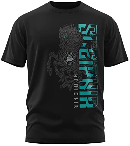 NØRTH Legendary Herren T-Shirt - Sleipnir Pferd 8 Beinen Brust Aufdruck, nordische Wikinger Walhalla Geschenke für Männer, Odin Thor Valhalla Viking Shirt, Farbe:Schwarz/Petrol, Größe:4XL von vanVerden