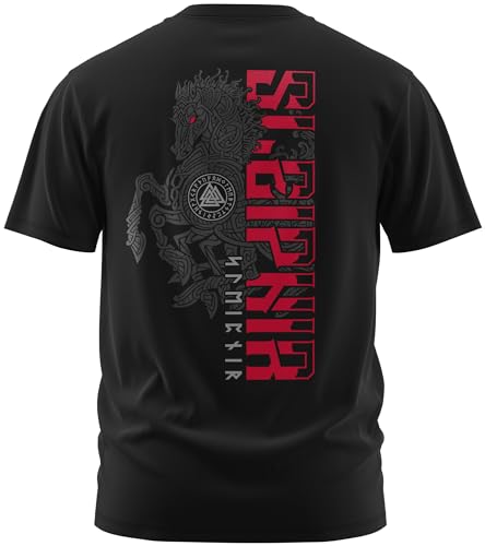 NØRTH Legendary Herren T-Shirt - Sleipnir Pferd 8 Beinen Rücken Design, nordische Wikinger Walhalla Geschenke für Männer, Odin Thor Valhalla Viking Shirt, Farbe:Schwarz/Blutrot, Größe:3XL von vanVerden