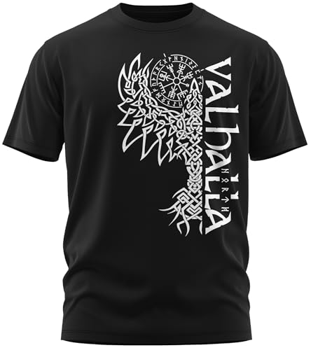 NØRTH Legendary Herren T-Shirt - Valhalla Odin Rabe Hugin Munin Brust Aufdruck, nordische Wikinger Walhalla Geschenke für Männer, Odin Thor Valhalla Viking Shirt, Farbe:Schwarz/Weiß, Größe:3XL von vanVerden