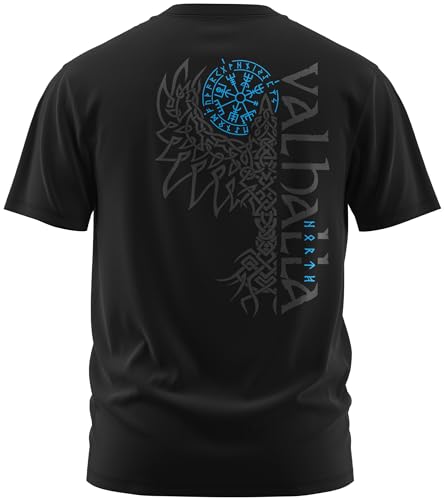 NØRTH Legendary Herren T-Shirt - Valhalla Odin Rabe Hugin Munin Rücken Design, nordische Wikinger Walhalla Geschenke für Männer, Odin Thor Valhalla Viking, Farbe:Schwarz/Blau, Größe:XL von vanVerden