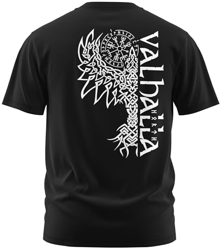 NØRTH Legendary Herren T-Shirt - Valhalla Odin Rabe Hugin Munin Rücken Design, nordische Wikinger Walhalla Geschenke für Männer, Odin Thor Valhalla Viking, Farbe:Schwarz/Weiß, Größe:5XL von vanVerden