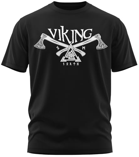 NØRTH Legendary Herren T-Shirt - Valknut Krieger Äxte Brust Aufdruck, nordische Wikinger Walhalla Geschenke für Männer, Odin Thor Valhalla Viking Shirt, Farbe:Schwarz/Weiß, Größe:XXL von vanVerden