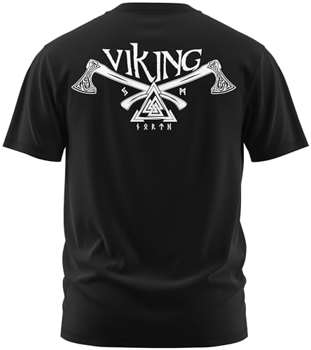 NØRTH Legendary Herren T-Shirt - Valknut Krieger Äxte Rücken Design, nordische Wikinger Walhalla Geschenke für Männer, Odin Thor Valhalla Viking Shirt, Farbe:Schwarz/Weiß, Größe:XL von vanVerden