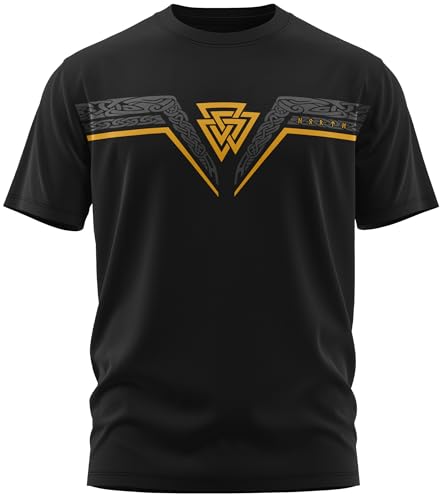 NØRTH Legendary Herren T-Shirt - Valknut Wotansknoten Brust Aufdruck, nordische Wikinger Walhalla Geschenke für Männer, Odin Thor Valhalla Viking Shirt, Farbe:Schwarz/Gelb, Größe:S von vanVerden