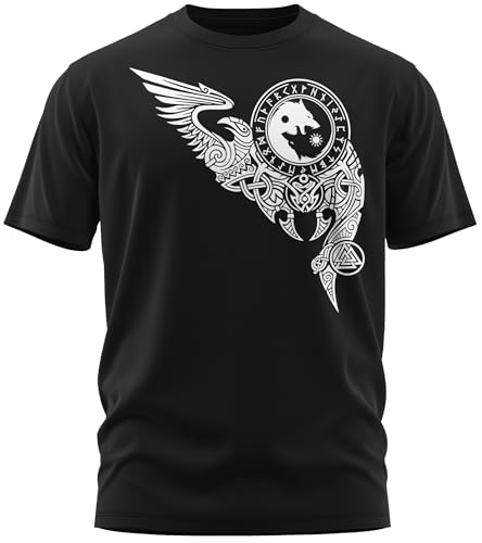 NØRTH Legendary Herren T-Shirt - Wölfe Skalli und Hatti Brust Aufdruck, nordische Wikinger Walhalla Geschenke für Männer, Odin Thor Valhalla Viking Shirt, Farbe:Schwarz/Weiß, Größe:4XL von vanVerden