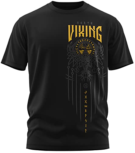 NØRTH Legendary Herren T-Shirt - Yggdrasil 9 Welten Weltenbaum Brust Aufdruck, nordische Wikinger Walhalla Geschenke für Männer, Odin Thor Valhalla Viking, Farbe:Schwarz/Gelb, Größe:S von vanVerden