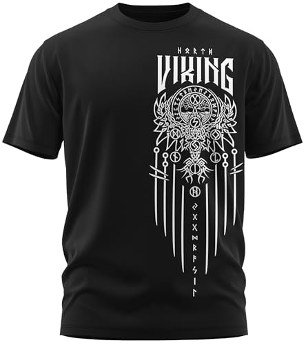 NØRTH Legendary Herren T-Shirt - Yggdrasil 9 Welten Weltenbaum Brust Aufdruck, nordische Wikinger Walhalla Geschenke für Männer, Odin Thor Valhalla Viking, Farbe:Schwarz/Weiß, Größe:4XL von vanVerden