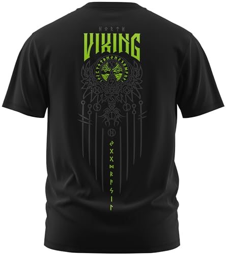 NØRTH Legendary Herren T-Shirt - Yggdrasil 9 Welten Weltenbaum Rücken Design, nordische Wikinger Walhalla Geschenke für Männer, Odin Thor Valhalla Viking Shirt, Farbe:Schwarz/Grün, Größe:5XL von vanVerden