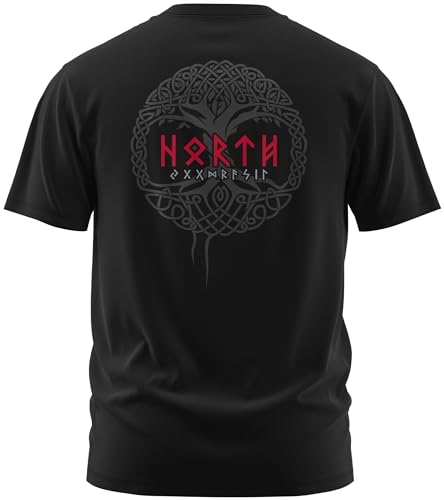 NØRTH Legendary Herren T-Shirt - Yggdrasil Lebensbaum Rücken Design, nordische Wikinger Walhalla Geschenke für Männer, Odin Thor Valhalla Viking Shirt, Farbe:Schwarz/Blutrot, Größe:XXL von vanVerden