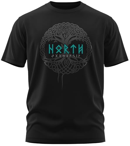 NØRTH Legendary Herren T-Shirt - Yggdrasil - Weltenbaum Brust Aufdruck, nordische Wikinger Walhalla Geschenke für Männer, Odin Thor Valhalla Viking Shirt, Farbe:Schwarz/Petrol, Größe:S von vanVerden