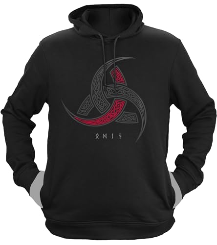 NØRTH Legendary Herren Hoodie mit Kapuze - Odins Hörner Trinkhörner - nordische Wikinger Walhalla Geschenke für Männer, Valhalla Viking Herren Pullover, Farbe:Schwarz/Blutrot, Größe:XL von vanVerden