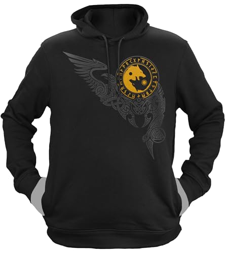 NØRTH Legendary Herren Hoodie mit Kapuze - Wölfe Skalli und Hatti - nordische Wikinger Walhalla Geschenke für Männer, Valhalla Viking Herren Pullover, Farbe:Schwarz/Gelb, Größe:3XL von vanVerden