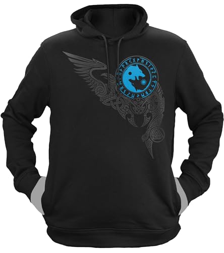 NØRTH Legendary Herren Hoodie mit Kapuze - Wölfe Skalli und Hatti - nordische Wikinger Walhalla Geschenke für Männer, Valhalla Viking Herren Pullover, Farbe:Schwarz/Blau, Größe:L von vanVerden