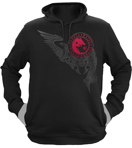 NØRTH Legendary Herren Hoodie mit Kapuze - Wölfe Skalli und Hatti - nordische Wikinger Walhalla Geschenke für Männer, Valhalla Viking Herren Pullover, Farbe:Schwarz/Blutrot, Größe:L von vanVerden