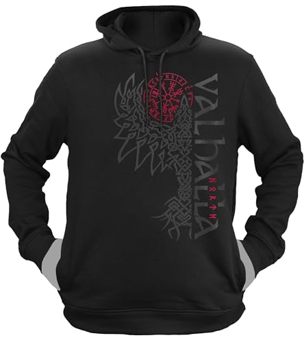 NØRTH Legendary Herren Hoodie mit Kapuze - Valhalla Odin Rabe Hugin Munin - nordische Wikinger Walhalla Geschenke für Männer, Valhalla Viking Herren Pullover, Farbe:Schwarz/Blutrot, Größe:3XL von vanVerden