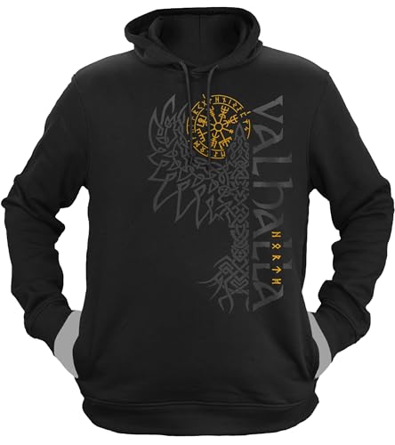 NØRTH Legendary Herren Hoodie mit Kapuze - Valhalla Odin Rabe Hugin Munin - nordische Wikinger Walhalla Geschenke für Männer, Valhalla Viking Herren Pullover, Farbe:Schwarz/Gelb, Größe:3XL von vanVerden