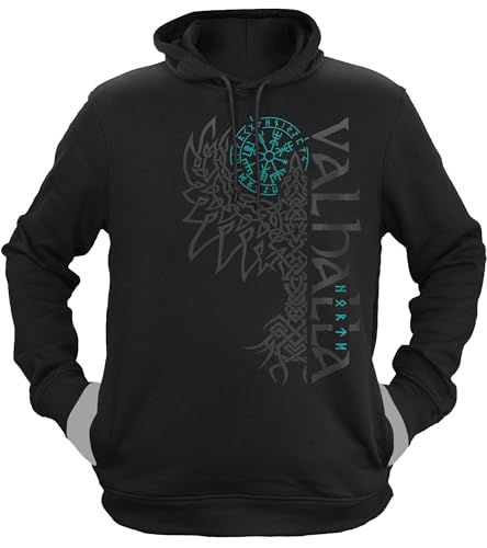 NØRTH Legendary Herren Hoodie mit Kapuze - Valhalla Odin Rabe Hugin Munin - nordische Wikinger Walhalla Geschenke für Männer, Valhalla Viking Herren Pullover, Farbe:Schwarz/Petrol, Größe:L von vanVerden