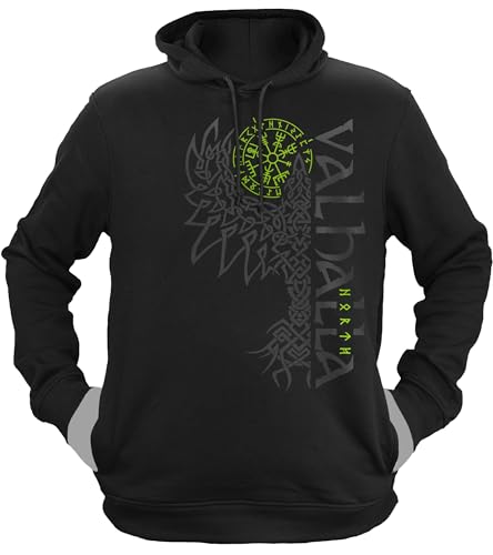 NØRTH Legendary Herren Hoodie mit Kapuze - Valhalla Odin Rabe Hugin Munin - nordische Wikinger Walhalla Geschenke für Männer, Valhalla Viking Herren Pullover, Farbe:Schwarz/Grün, Größe:XL von vanVerden