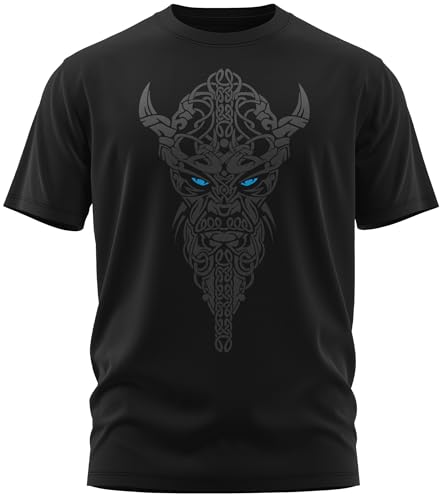 NØRTH Legendary Herren T-Shirt - Nordmann Celtic Knotwork Brust Aufdruck, nordische Wikinger Walhalla Geschenke für Männer, Odin Thor Valhalla Viking Shirt, Farbe:Schwarz/Blau, Größe:3XL von vanVerden